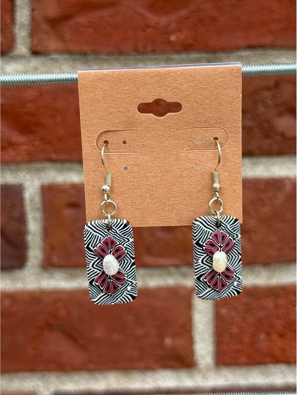 Handmade Polymer Clay Earrings Black Maroon with Pearl Like Bead - Picture 2 of 4